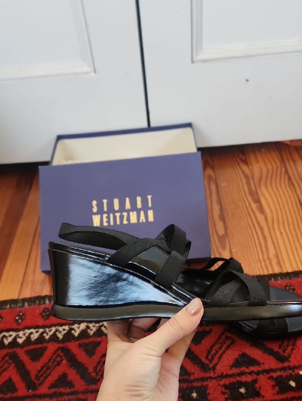 Stuart Weitzman Black Strappy Wedge Sandals with Slingback - Picture 3 of 6